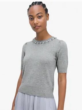 kate spade Light Gray Jeweled Neck Short Sleeve Sweater